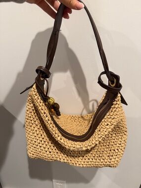 Woven Straw Shoulder Bag with Brown Leather Trim